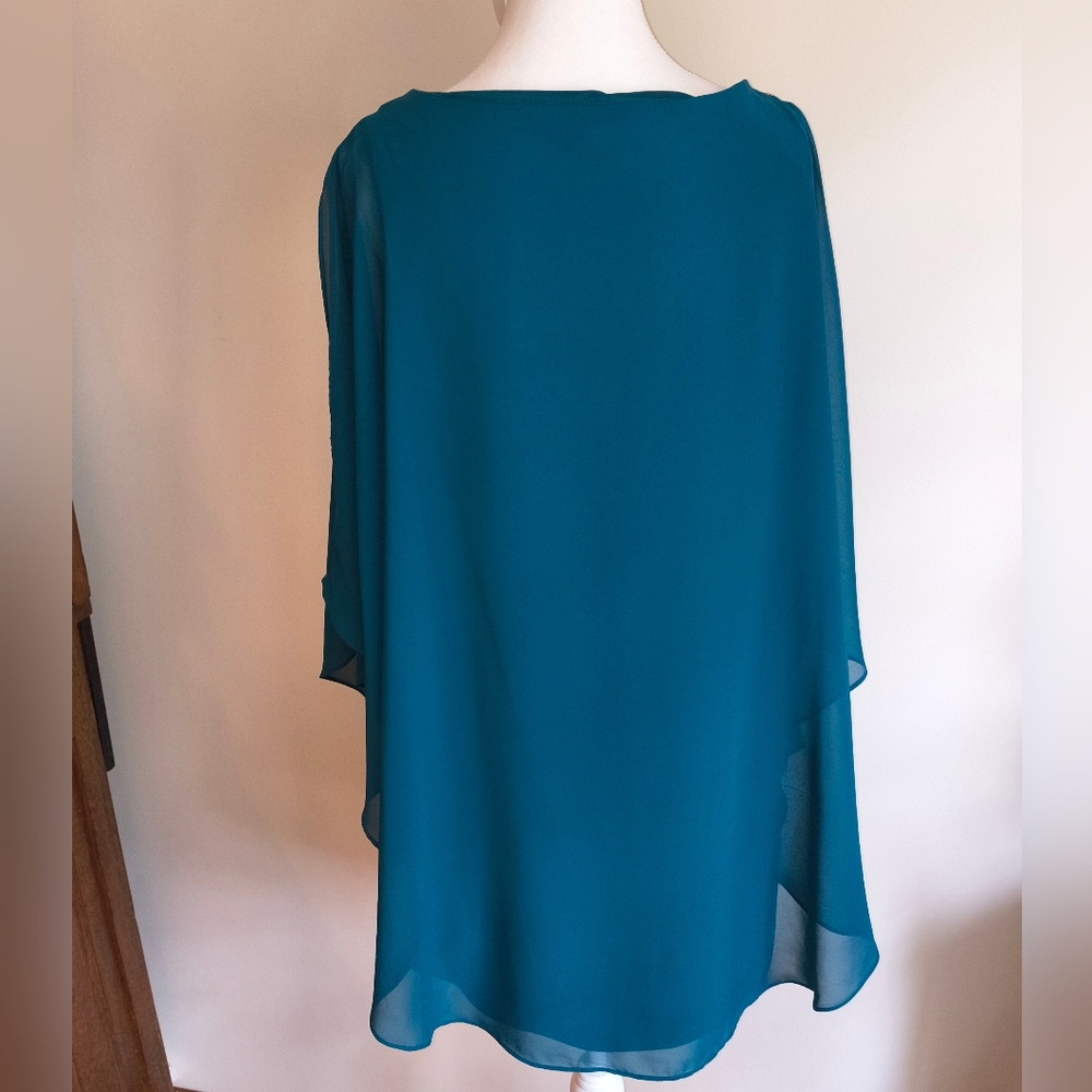 X By Xscape Teal Chiffon Popover Dress Rhinestone Trim Keyhole Size 12 Chiffon - Picture 3 of 7